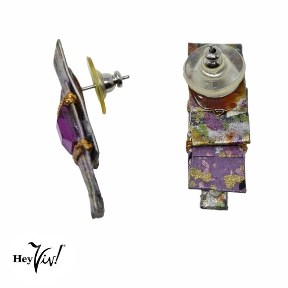 Vintage 1990s Alyssa Levitan Purple Handcrafted Origami Pierced Earrings on Card - Picture 3 of 4